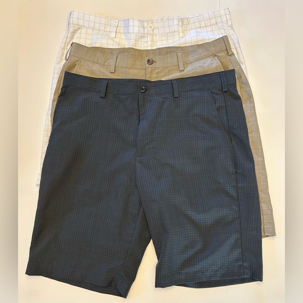 Izod Golf Men's Shorts Size 36 Flat Front Bundle Of 3 Brown White Grey Plaid